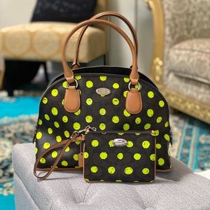 Coach set brown logo neon green polka dot purse and wristlet